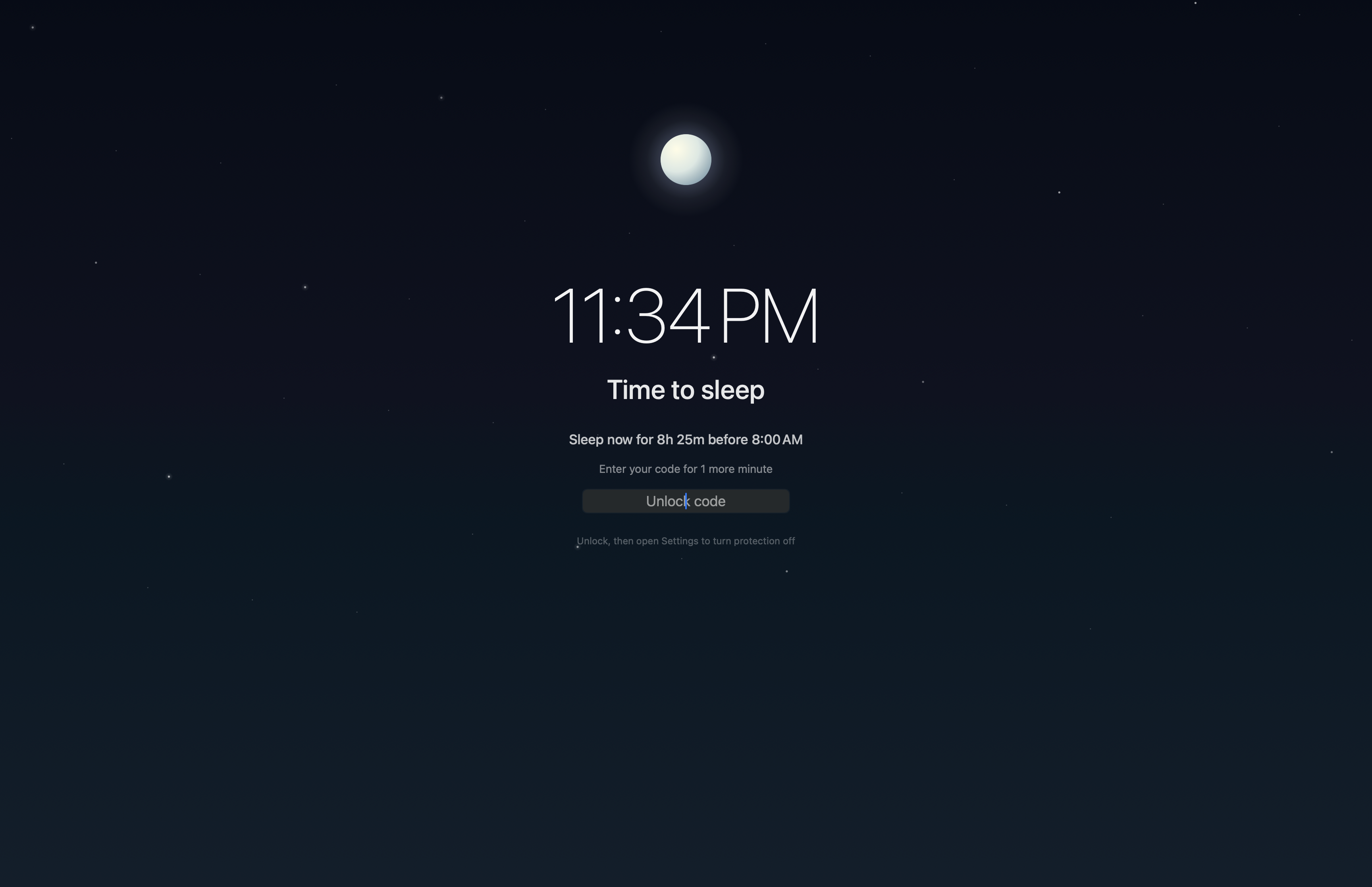 SleepGuard’s Mac overlay with a glowing moon, stars, clock, time until wake-up and passcode field