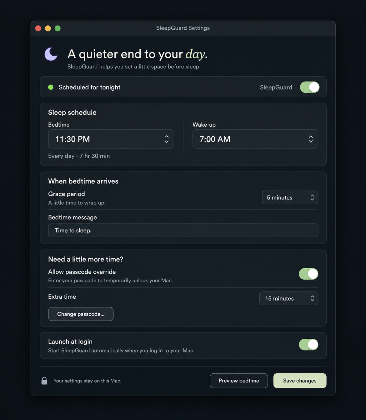 SleepGuard Mac Settings with bedtime and wake-time pickers, grace, message, passcode and background protection controls